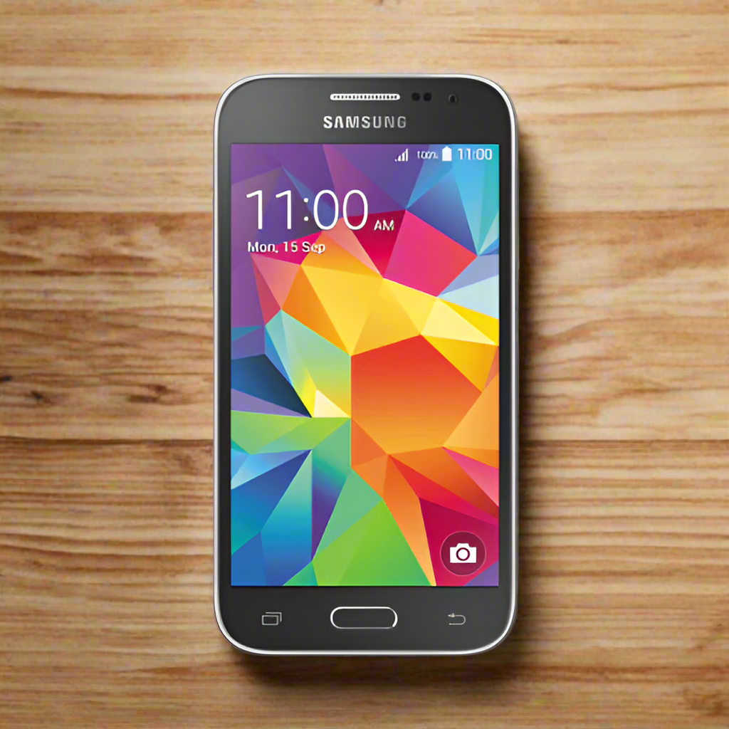 A Samsung SM-G360G Galaxy Core Prime 8GB Unlocked 4G LTE Dual SIM Android from Samsung, displaying a colorful geometric wallpaper with the time 11:00 AM and date Monday, September 15, rests on a wooden surface.