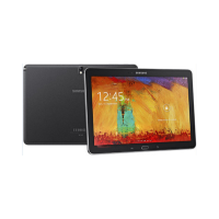 A Samsung Galaxy Note 10.1 2014 LTE Tablet with S Pen is shown in black, featuring a colorful front display with the time 12:45 and date, and a back view highlighting the camera and Samsung logo.