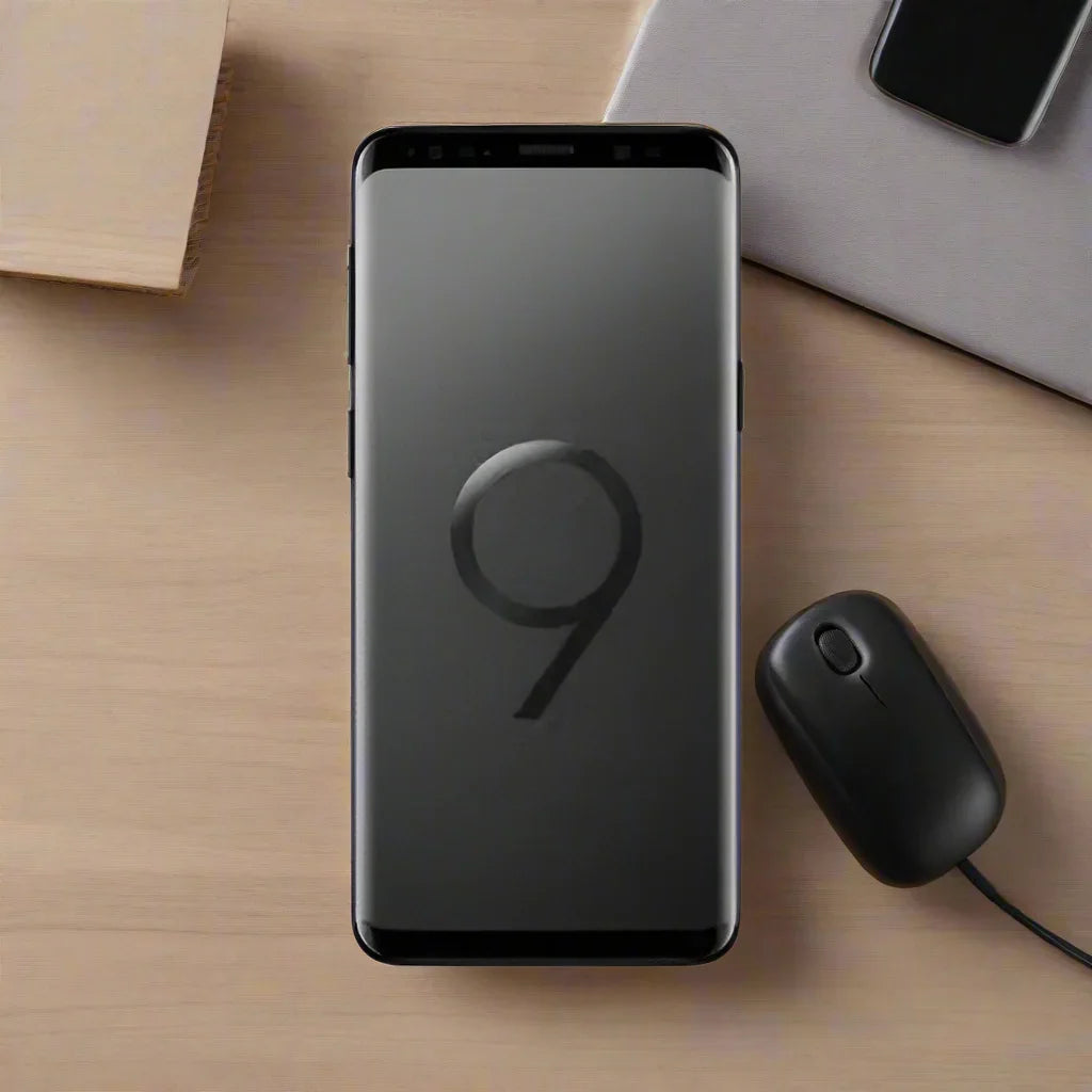 A Samsung Galaxy S9+ 64GB Midnight Black Unlocked Smartphone with a cracked screen displays a large number 9 on a wooden desk beside a mouse, closed laptop, and cardboard—ideal for showcasing replacement parts for your Samsung device.