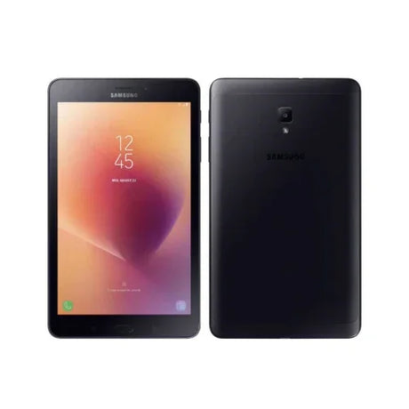 Front and back view of a black Samsung Galaxy Tab A 8.0 (2017) SM-T385 16GB Tablet | PARTS ONLY—ideal for SM-T385 replacement or repair. The screen shows 12:45 with a gradient; rear features Samsung logo and camera.