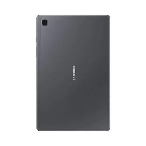 A black Samsung Galaxy Tab A7 SM-T505 32GB tablet is shown from the back, featuring a single rear camera in the top left and a centered Samsung logo, with LTE connectivity for smooth browsing.
