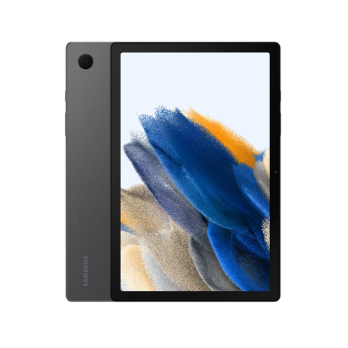 SAMSUNG Galaxy Tab A8 SM-X205 64GB Midnight Black Tablet, parts only—features a black/gray back, rear camera top left, and a display with a blue, yellow, and beige abstract design. Ideal for replacement or repair purposes.