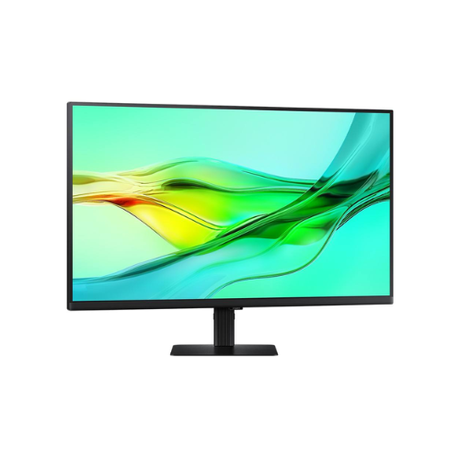 The Samsung 32" QHD IPS monitor (LS32D602UEEXXY) displays a vivid green and yellow abstract wave on blue, set on a black stand against a plain white background.