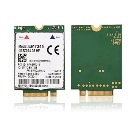 Two views of the Huawei Sierra Wireless AirPrime EM7345 4G LTE Module | 3mth Wty, featuring the front with model details and the back showing circuit board components for mobile broadband connectivity.