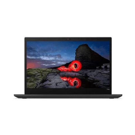 A refurbished Lenovo ThinkPad T14S G2, powered by AMD Ryzen 5 Pro 5650U, 16GB RAM, and 256GB SSD with Windows 11 Pro, displays a rocky dusk landscape with a vivid red spiral effect on its 14" screen against a white background.