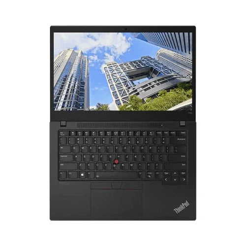A refurbished black Lenovo ThinkPad T14S G2 with a 14" display, AMD Ryzen 5 Pro 5650U, 16GB RAM, and 256GB SSD is shown open from above with Windows 11 Pro. The keyboard and touchpad are clearly visible.