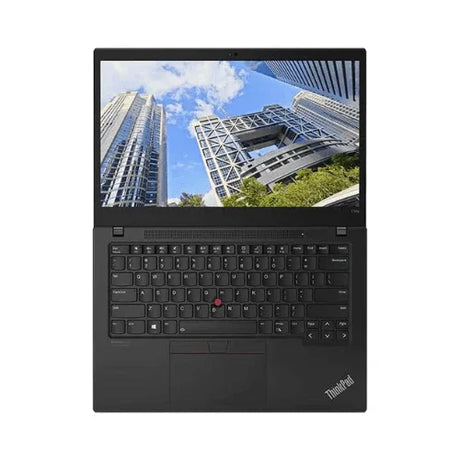 A refurbished black Lenovo ThinkPad T14S G2 with a 14" display, AMD Ryzen 5 Pro 5650U, 16GB RAM, and 256GB SSD is shown open from above with Windows 11 Pro. The keyboard and touchpad are clearly visible.