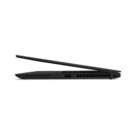 A slim, black refurbished Lenovo ThinkPad T14S G2 with a 14" display, Ryzen 5 Pro 5650U, 16GB RAM, and 256GB SSD is shown partially closed from the side, running Windows 11 Pro and displaying its USB port and ventilation grilles.