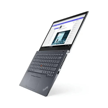 A refurbished gray Lenovo ThinkPad T14S G2, powered by AMD Ryzen 5 Pro 5650U with 16GB RAM and 256GB SSD, is open to reveal its keyboard and touchpad with a webpage on the screen. It runs Windows 11 Pro and is built for productivity.