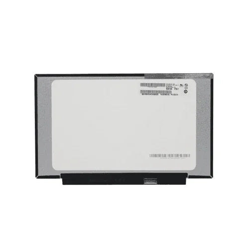 The Lenovo ThinkPad T14s 02DA381 14" 1920x1080 IPS refurbished screen features a silver frame, white center, product barcode labels, and a black connector strip at the bottom. 3-month warranty included.