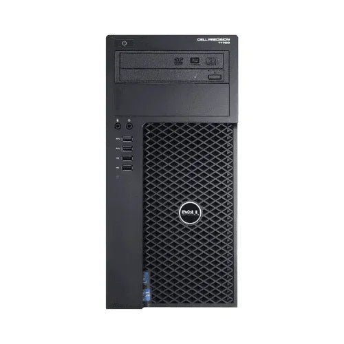 Front view of a refurbished Dell Precision T1700 workstation with Dell logo, mesh front panel, DVD drive, USB ports, and Intel Xeon E3-1270 3.5GHz processor, 16GB RAM, and 500GB storage.