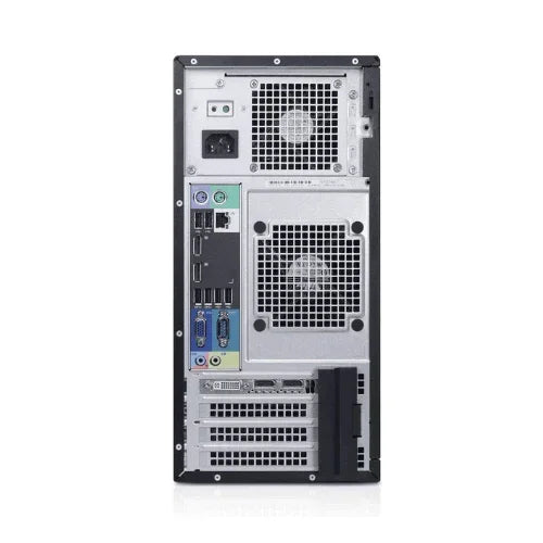 The image shows the back panel of a refurbished Dell Precision T1700 E3-1270 workstation with 16GB RAM and 500GB storage, displaying ports, PCI slots, ventilation grilles, power supply, and connectors for monitors and peripherals.