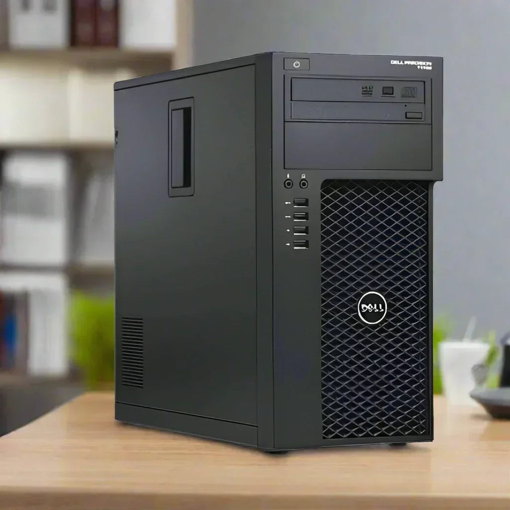A black refurbished Dell Precision T1700 with Intel Xeon E3-1270, 16GB RAM, and 500GB HDD sits on a wooden desk in an office, shelves and books blurred in the background.