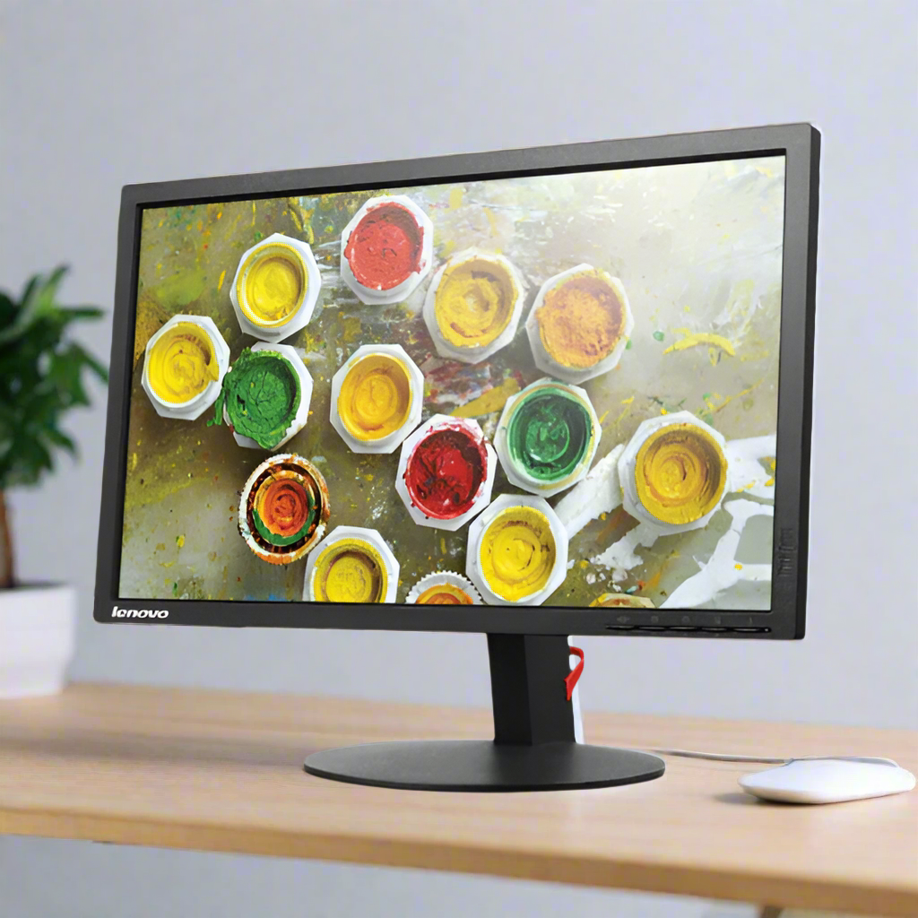 A Lenovo ThinkVision T2324p 23 IPS Monitor (1920x1080, HDMI/DVI/VGA/USB, no stand) sits on a light wooden desk displaying vibrant paint pots; a plant and mouse add to the creative workspace.
