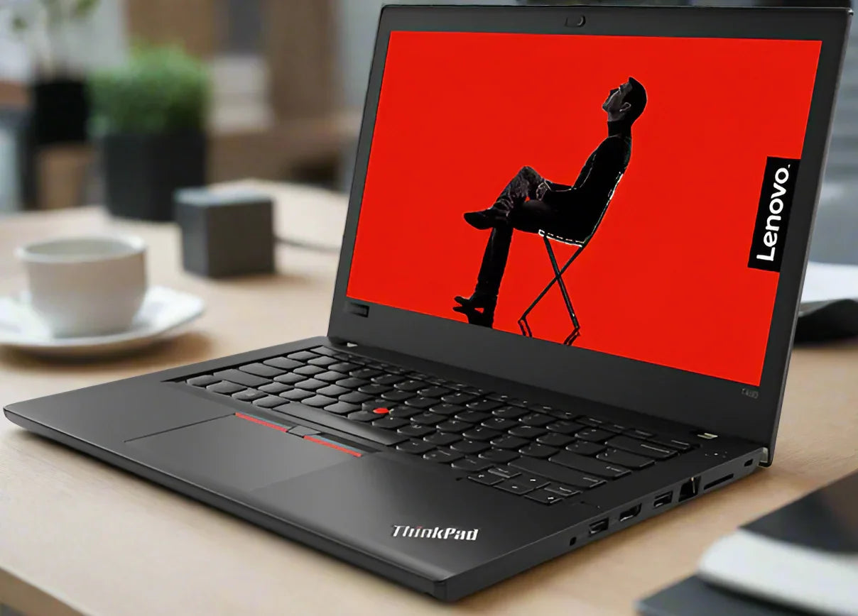A refurbished Lenovo ThinkPad T480 i5 8350U 16GB 256GB SSD 14" W11P laptop rests on a desk, its screen showing a red background with a black silhouette. The Lenovo logo appears on the right side of the display.