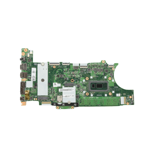 A refurbished Lenovo ThinkPad T490s i5 8365U 16GB motherboard (5B21C98807), featuring visible chips, connectors, and ports, shown from above on a white background.