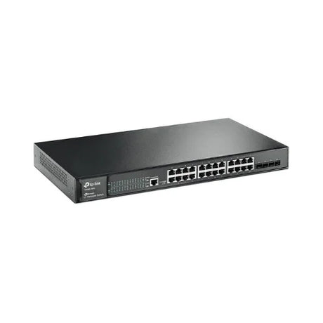 The TPLink T2600G-28TS JetStream is a black 24-port Gigabit managed switch with front panel indicators, rack-mount design, and is Certified Refurbished for reliable performance.