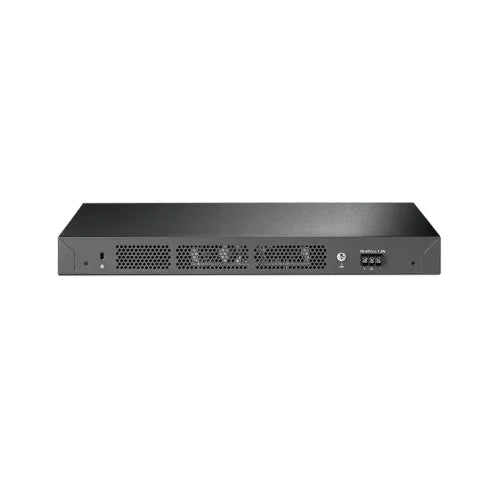 A Certified Refurbished TP-Link T2600G-28TS JetStream 24-Port Gigabit Managed Switch by TPLink, featuring multiple ports, ventilation grilles, and front indicator lights, is displayed against a white background.