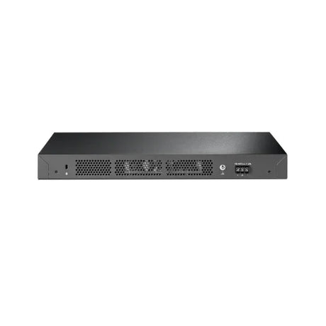 A Certified Refurbished TP-Link T2600G-28TS JetStream 24-Port Gigabit Managed Switch by TPLink, featuring multiple ports, ventilation grilles, and front indicator lights, is displayed against a white background.