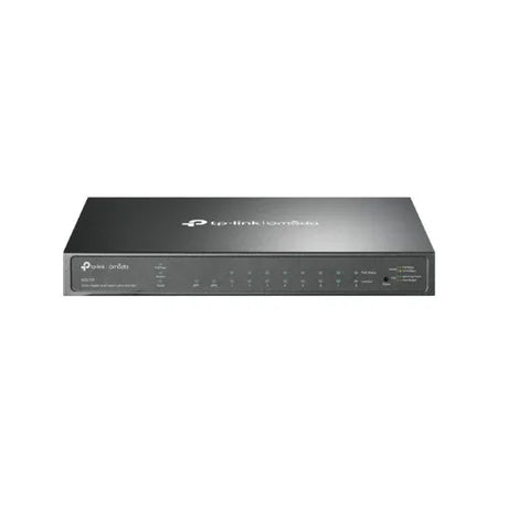 A black TPLink TL-SG2210P 8-Port Gigabit PoE+ Switch with 2 SFP ports and front panel indicator lights, shown against a plain white background.