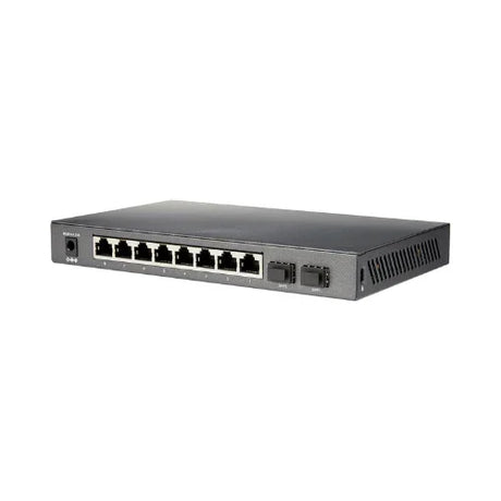 A certified refurbished TPLink TL-SG2210P, a black 8-port Gigabit PoE+ Layer 2 managed switch with 2 SFP slots, is shown on a white background.