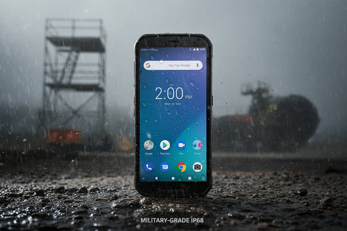 A ZTE T86 Telstra Tough Max 3 rugged IP68 waterproof phone stands upright on wet ground in the rain, showing 2:00 PM. Blurred industrial structures are behind it. Text below reads "MILITARY-GRADE IP68," emphasizing its certified refurbished durability.