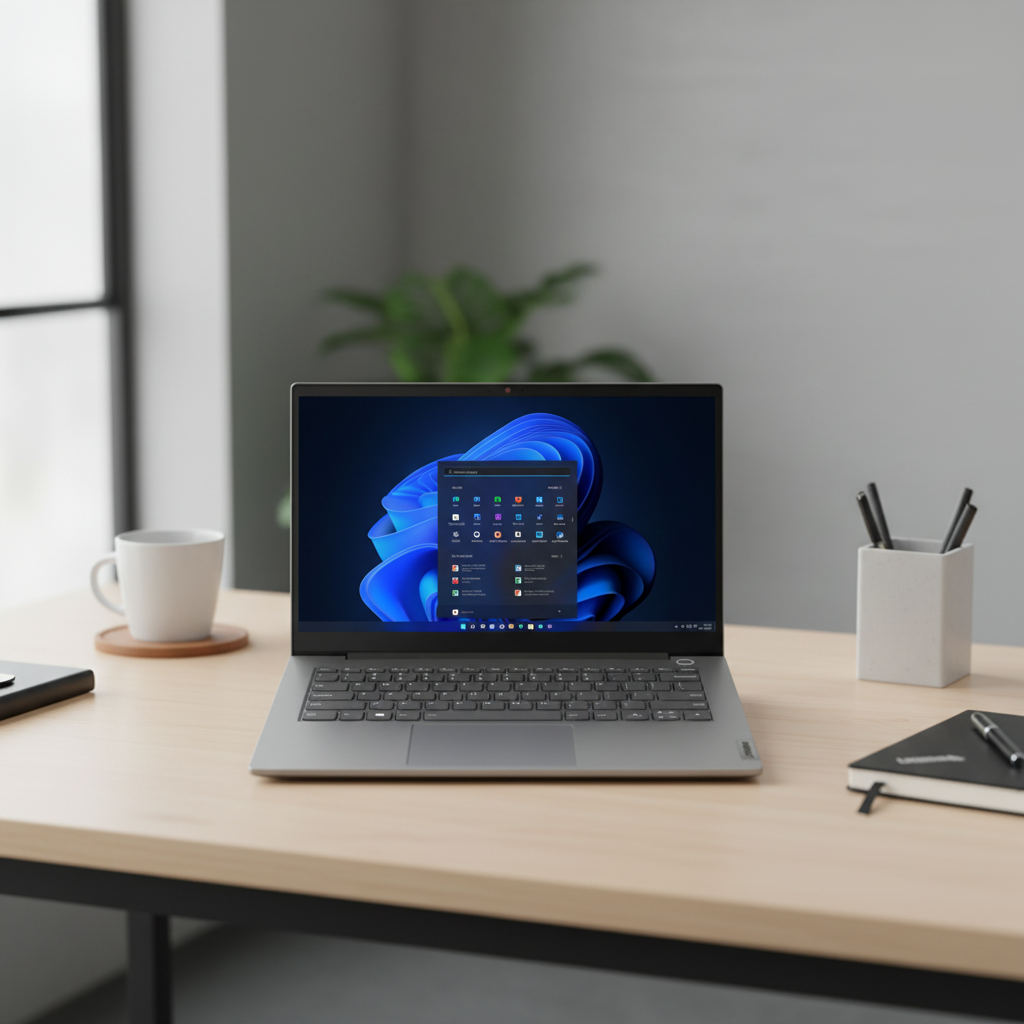 A gray Lenovo ThinkBook 14 G4 with Intel i5-1235U, 8GB RAM, and 256GB SSD displays the Windows 11 Pro start menu on its screen against a white background.