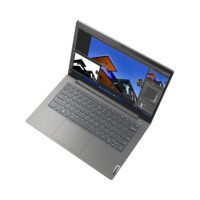 A gray Lenovo ThinkBook 14 G4 i5 1235U laptop (13.3", 8GB, 256GB, W11P), refurbished for business, is shown angled on a white background with its keyboard visible and screen displaying colorful abstract graphic editing software.