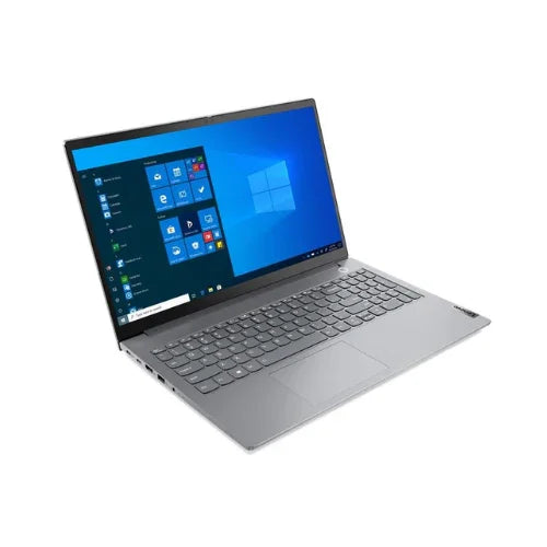 A silver Certified Refurbished Lenovo ThinkBook 14s G2 with Intel Core i5-1135G7, 16GB RAM, and 512GB SSD is open on a white background, showing Windows start menu. It features a large touchpad and full keyboard.