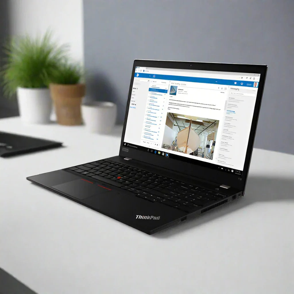A certified refurbished Lenovo ThinkPad X1 Carbon G8 (i7 1165G7, 16GB RAM, 512GB SSD, 15.6" Touch, W11P) sits on a gray desk with a social media page open. Nearby are two small potted plants and a closed laptop in the background.