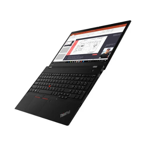 A certified refurbished Lenovo ThinkPad x1 Carbon G8 (15.6" Touch, i7 1165G7, 16GB RAM, 512GB SSD, W11P) displays a presentation and video call on its partially open black business laptop screen.