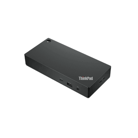 The refurbished Lenovo ThinkPad Universal USB-C Dock 40AY with adapter, in black and rectangular shape, features USB-C, USB-A, and audio jack ports. Compatible with most USB-C notebooks. Shown on a plain white background.