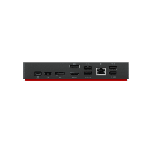 Rear view of the refurbished Lenovo ThinkPad Universal USB-C Dock 40AY with adapter, showing DisplayPort, HDMI, USB-A, Ethernet, and USB-C ports—compatible with most USB-C notebooks—against a white background.