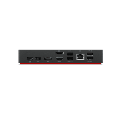 Rear view of the refurbished Lenovo ThinkPad Universal USB-C Dock 40AY with adapter, showing DisplayPort, HDMI, USB-A, Ethernet, and USB-C ports—compatible with most USB-C notebooks—against a white background.