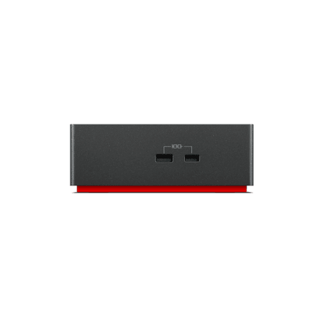 Front view of the Lenovo ThinkPad Universal USB-C Dock 40AY with Adapter, a compact black dock with a red base, showing two small rectangular ports and a central port—ideal for USB-C notebooks—on a white background.