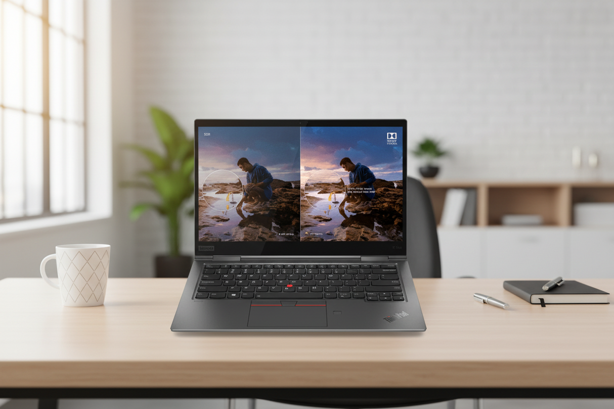A refurbished Lenovo ThinkPad X1 Yoga G5 i5 10310U 14" displays a landscape image of a person crouching by water, visually split into two halves for a striking comparative effect.