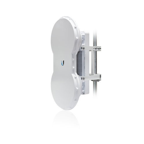 A certified refurbished Ubiquiti AirFiber AF-5 5GHz 1.2Gbps PtP Gigabit Backhaul Radio, long-range and oval-shaped in white, is mounted vertically on a pole with metal brackets against a plain white background.