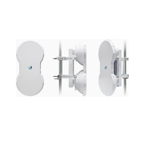 Three white, oval Ubiquiti AirFiber AF-5 5GHz 1.2Gbps PtP Gigabit Backhaul Radios with mounting brackets appear from various angles against a white background. Each certified refurbished device features a small blue logo.