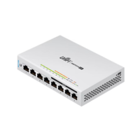 A certified refurbished Ubiquiti UniFi US-8-60W 8-Port Gigabit PoE Managed Switch by Ubiquiti, featuring LED indicators and side ventilation holes, is displayed on a white background; it offers reliable managed switching performance.