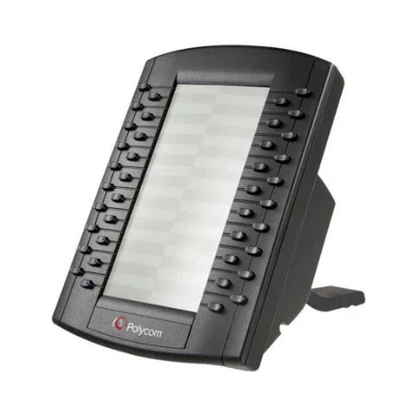 The Polycom VVX Expansion Module 2201-46300-001 (NEW IN BOX) offers 28 programmable buttons in two columns beside a central display, angled on a built-in stand—ideal for advanced call management.