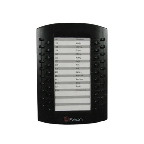 The Polycom VVX Expansion Module 2201-46300-001 by Polycom features 14 labeled buttons per side of its display, showing contacts and extensions—making it an ideal call management solution. The Polycom logo appears at the bottom. NEW IN BOX.