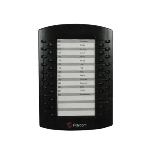 The Polycom VVX Expansion Module 2201-46300-001 by Polycom features 14 labeled buttons per side of its display, showing contacts and extensions—making it an ideal call management solution. The Polycom logo appears at the bottom. NEW IN BOX.