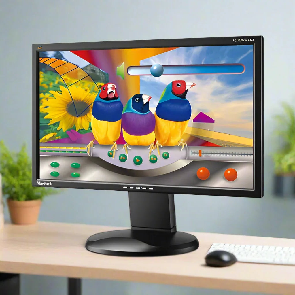 A certified refurbished Viewsonic VG2228wm 22 1920x1080 LED monitor (no stand) on a desk displays three vibrant birds with colorful feathers against a surreal digital background, with a keyboard nearby.