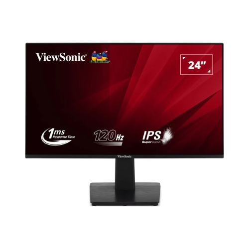 A ViewSonic VA2448 24" IPS monitor showcases its 1920x1080 Full HD display, 1ms response time, and HDMI/VGA ports, all highlighted against a bold red background.