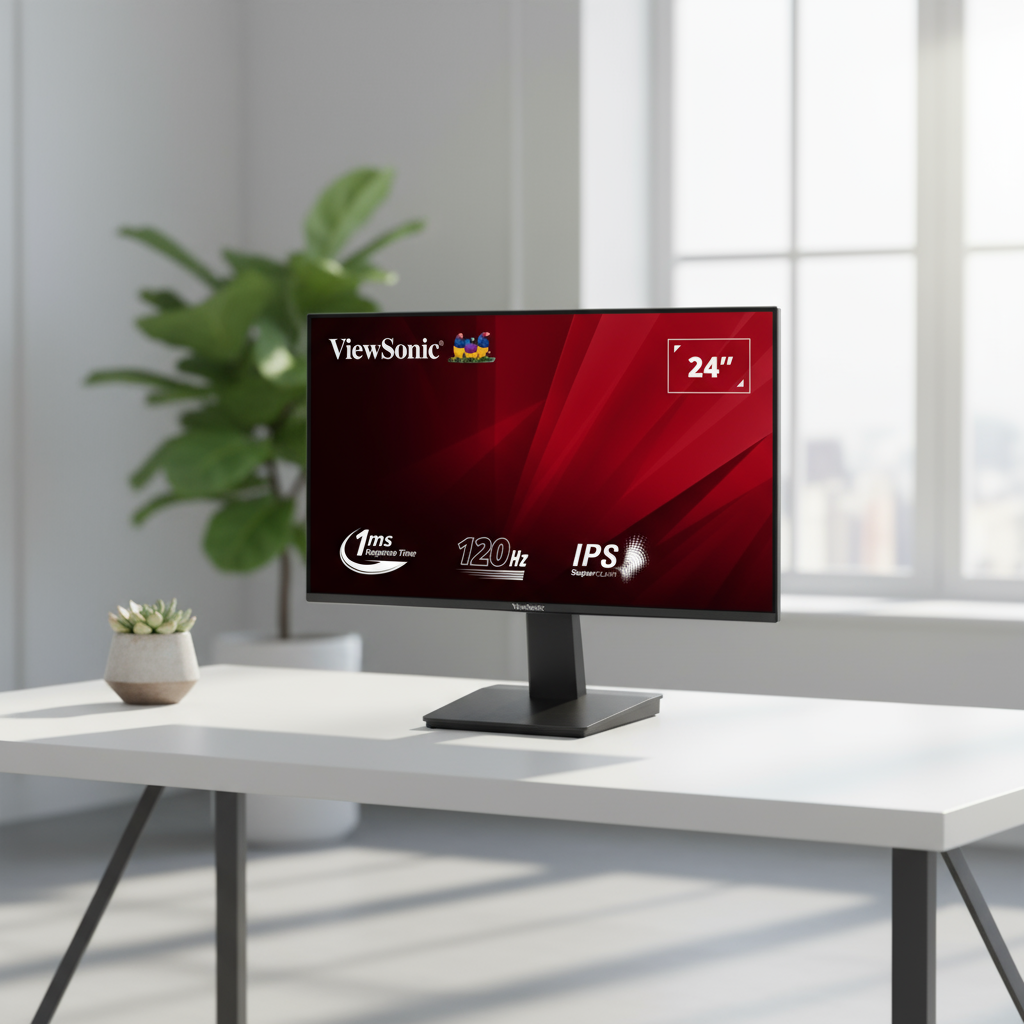 A ViewSonic VA2448 24" IPS Full HD monitor is shown on a white desk in a bright room with large windows and a potted plant, displaying technical specs on its screen.