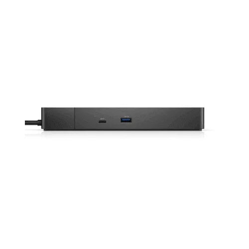 A black rectangular Dell WD19DCS Performance Dual USB-C Docking Station with a USB-C port and blue USB-A port on the front, shown against a white background; includes an adapter.