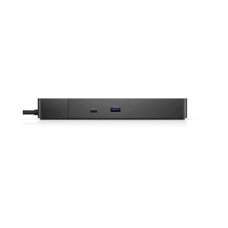 A black rectangular Dell WD19DCS Performance Dual USB-C Docking Station with a USB-C port and blue USB-A port on the front, shown against a white background; includes an adapter.