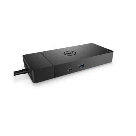 A refurbished black Dell WD19DCS Performance Dual USB-C Docking Station with adapter, featuring USB-C and USB-A ports plus a power cable on the left, is shown on a white background. Brand: Dell.