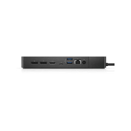 The Dell WD19DCS Performance Dual USB-C Docking Station (with adapter) in black features HDMI, DisplayPort, USB-A, USB-C, Ethernet, and power input, shown on a white background.