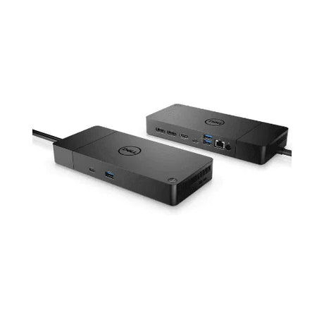 Two refurbished Dell WD19DCS Performance Dual USB-C Docking Stations with adapters are shown from various angles, displaying ports such as USB, HDMI, and DisplayPort. Both feature the Dell logo on top and are connected by cables.